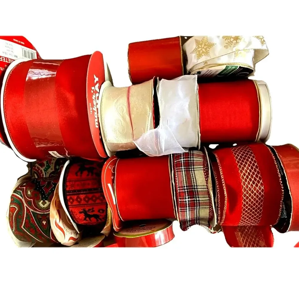 VTG 15 Christmas Holiday Gift Wrapping Ribbon Roll RED White velvet Satin Lot 15